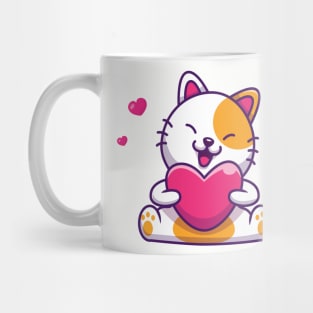 Cute Cat Sitting And Holding Love Cartoon Mug